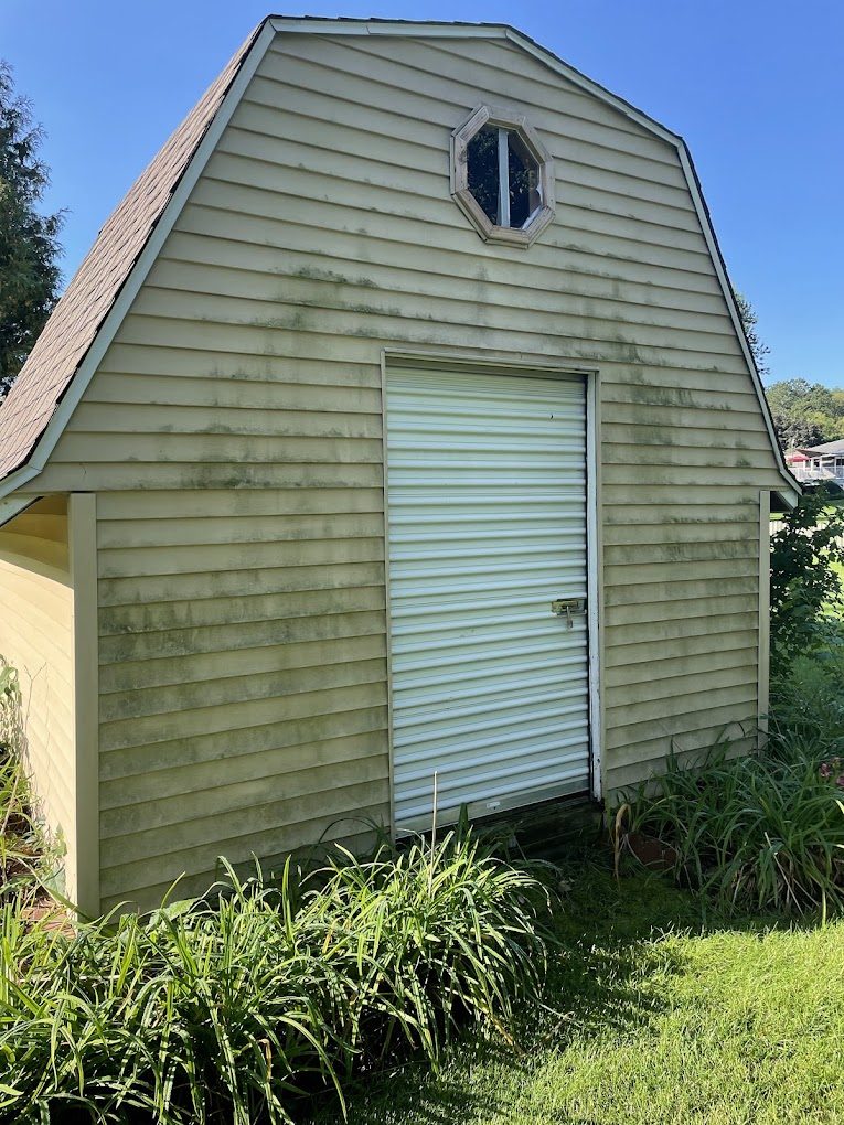 Shed siding before cleaning, dulled by dirt and algae
